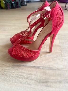 Red Lace T-Strap Platform Stiletto Heels